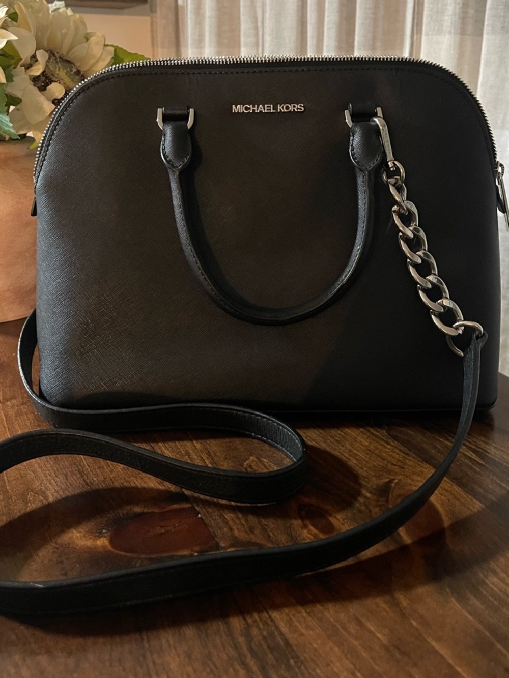 Michael Kors Black Saffiano Dome Crossbody with Chain Detail